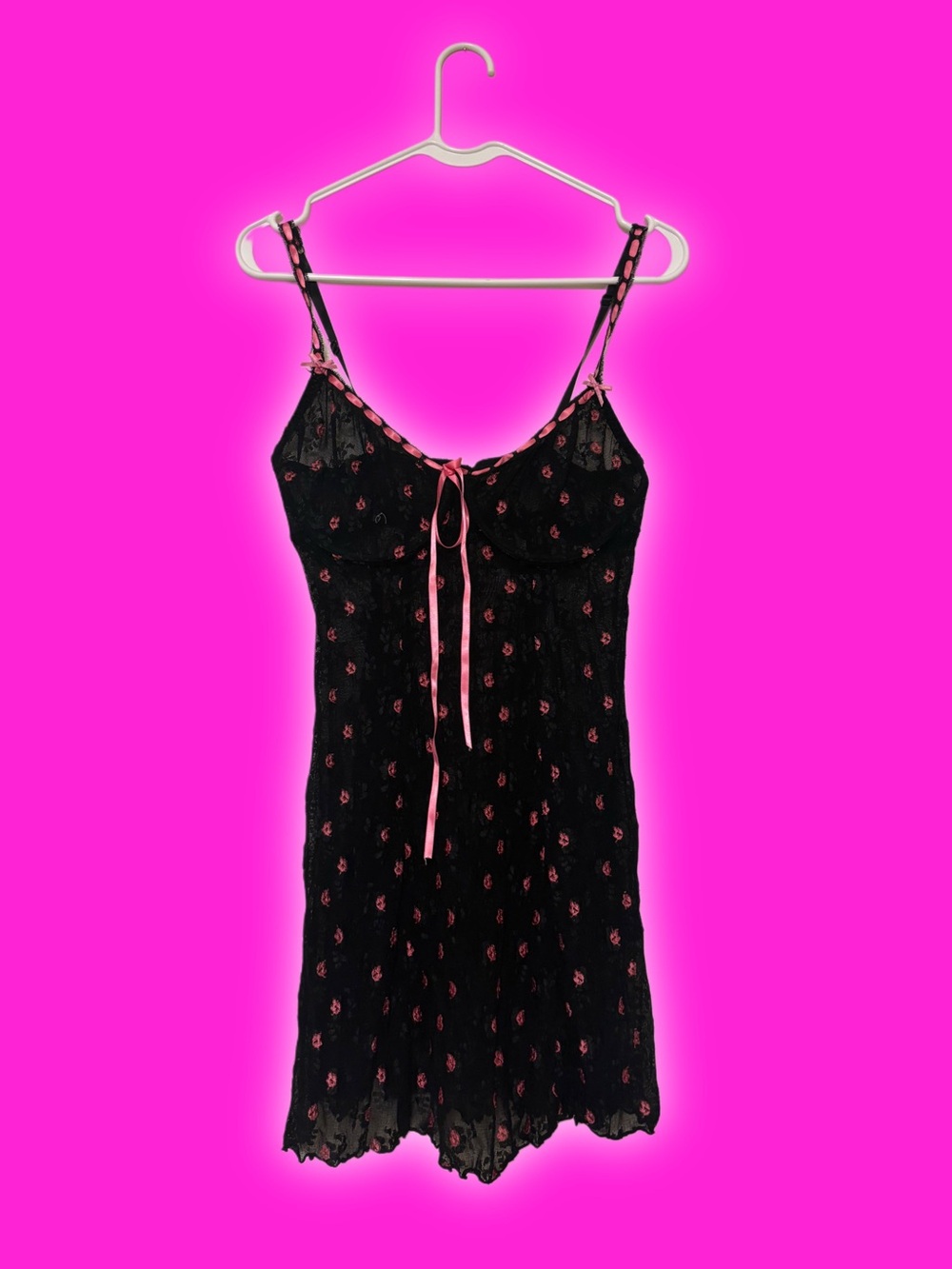 Black Slip Dress with Tiny Pink Floral Print and Ribbon Ties